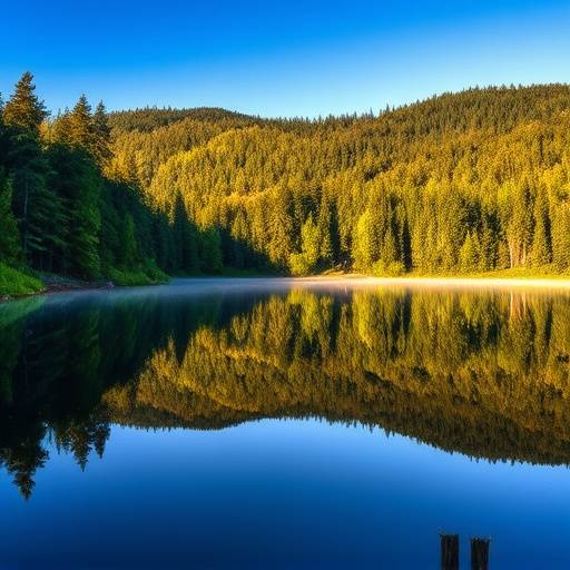 Image of lush green forest reflecting on calm lake, symbolizing environmental sustainability